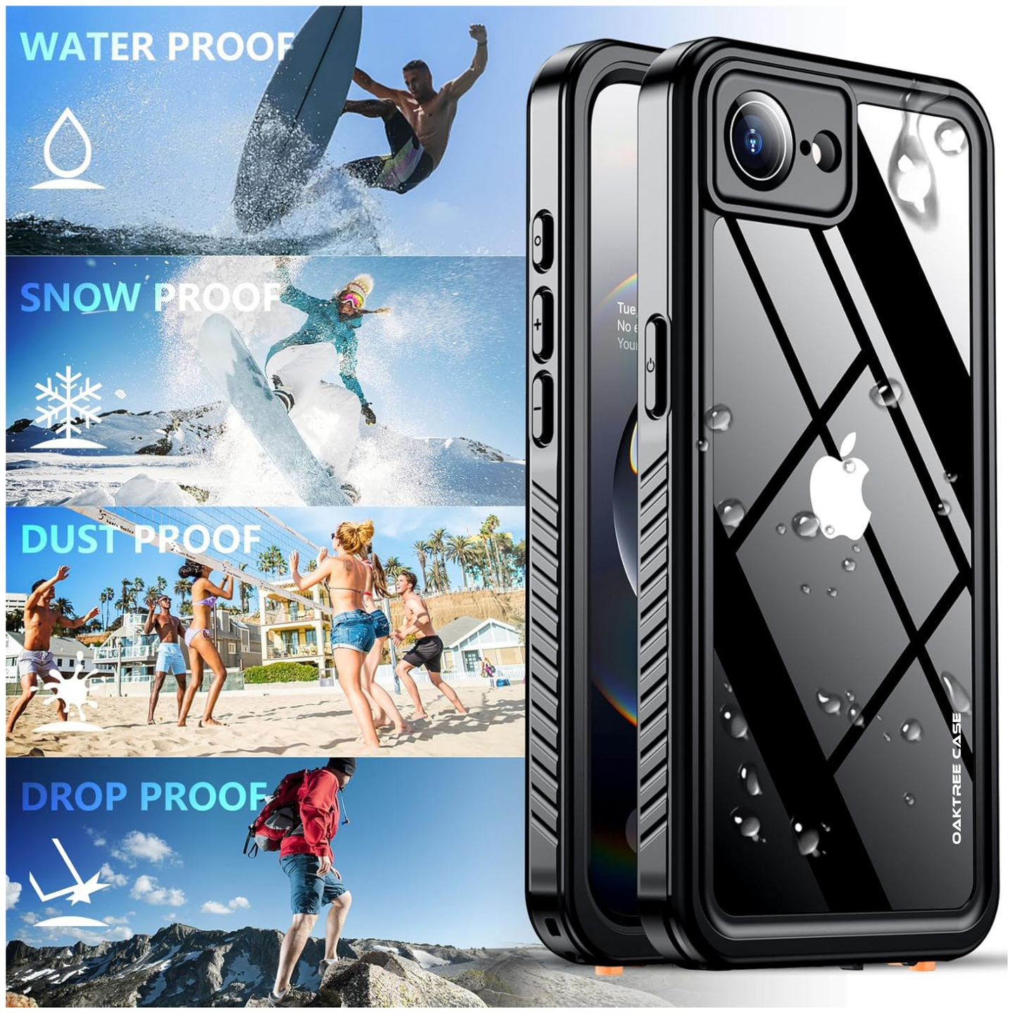 OAKTREE iPhone 16e 6.1" Shockproof Waterproof Full-Body Rugged Case - Black / Clear