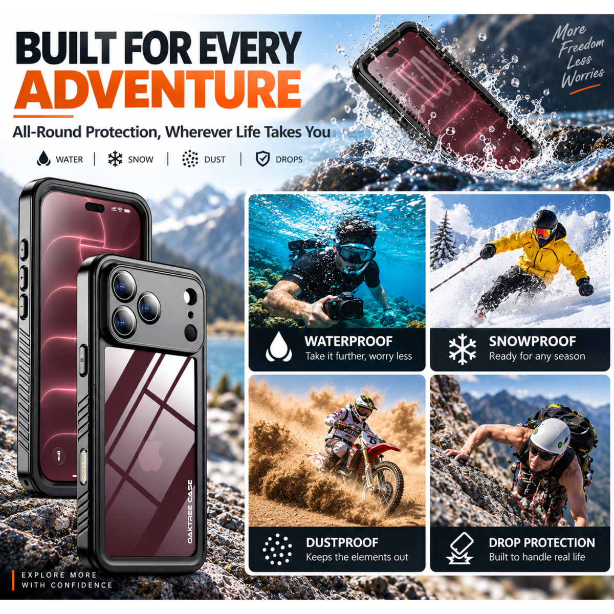 OAKTREE iPhone 18 Pro Waterproof Case - Full-Body 360° Shockproof with HD Screen Protector - Black / Clear