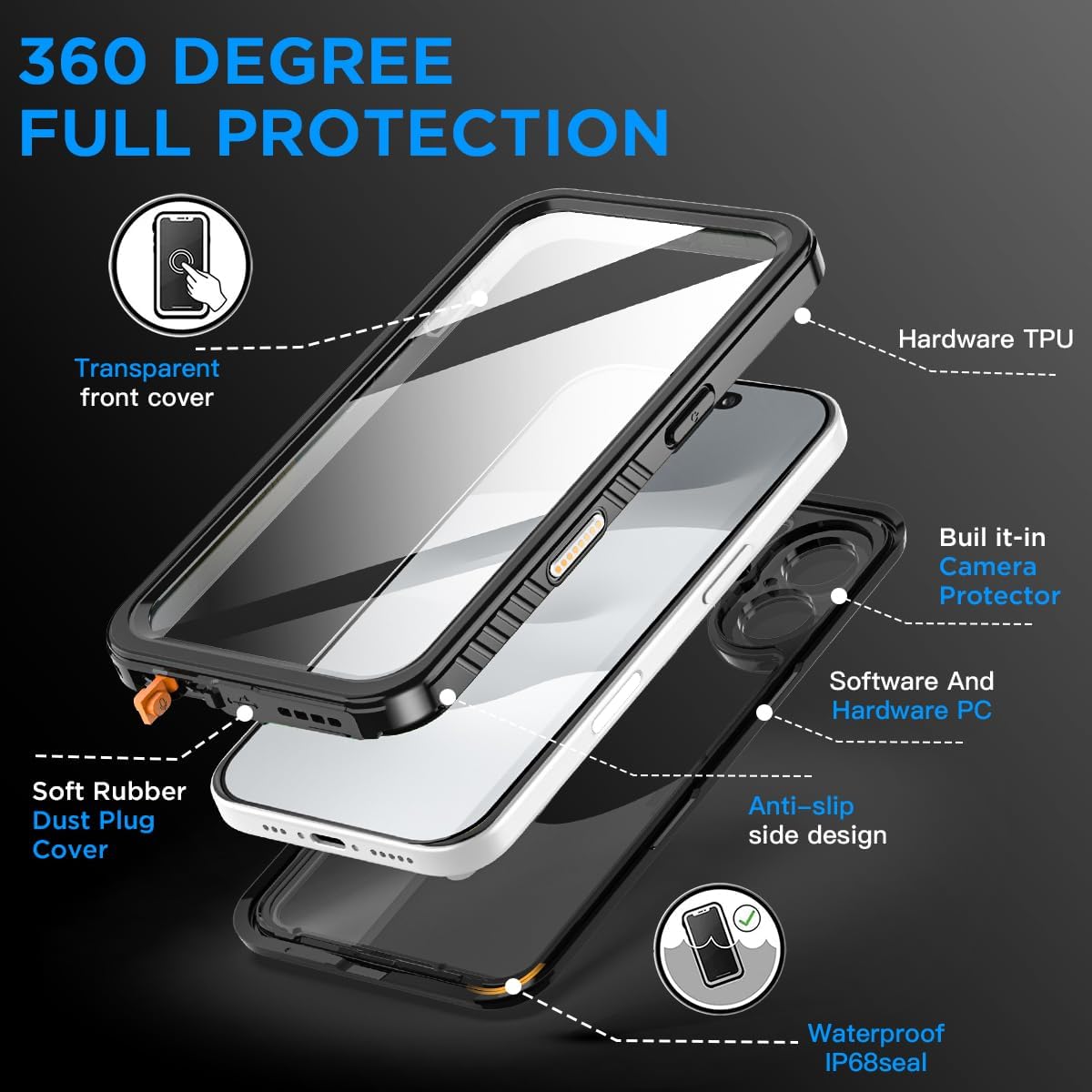 OAKTREE iPhone 17 6.3" Shockproof Waterproof Full-Body Rugged Case - Black/Clear