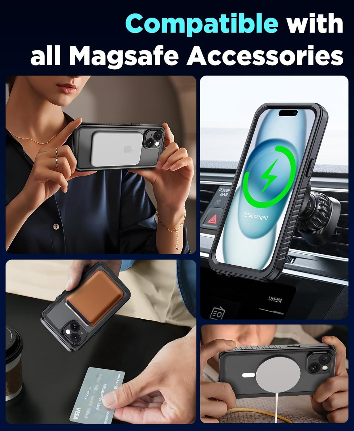 iPhone 15 6.1" MagSafe Waterproof Shockproof Full-Body Rugged Magnetic Case - Black/Clear