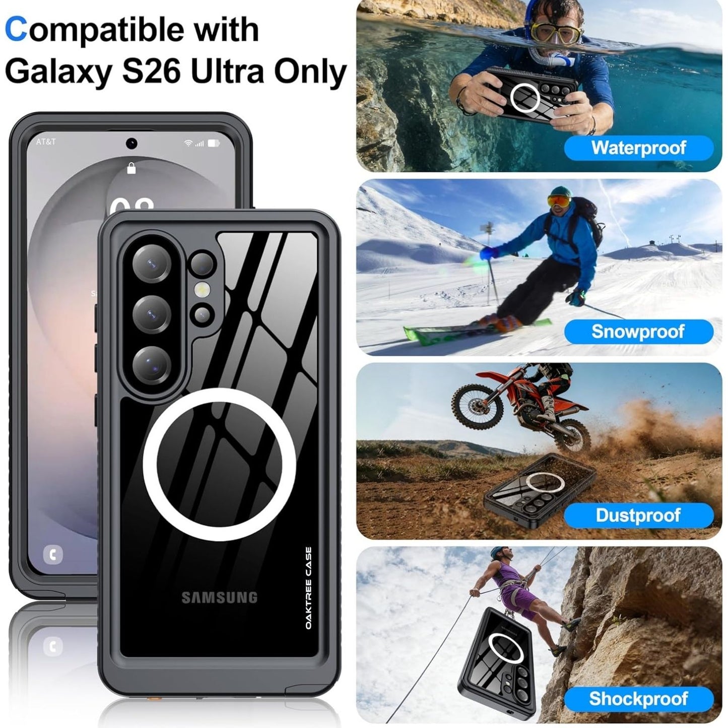 OAKTREE Samsung Galaxy S26 Ultra 6.9" Waterproof Full-Body Magsafe Fast Charging Case - Black/Clear