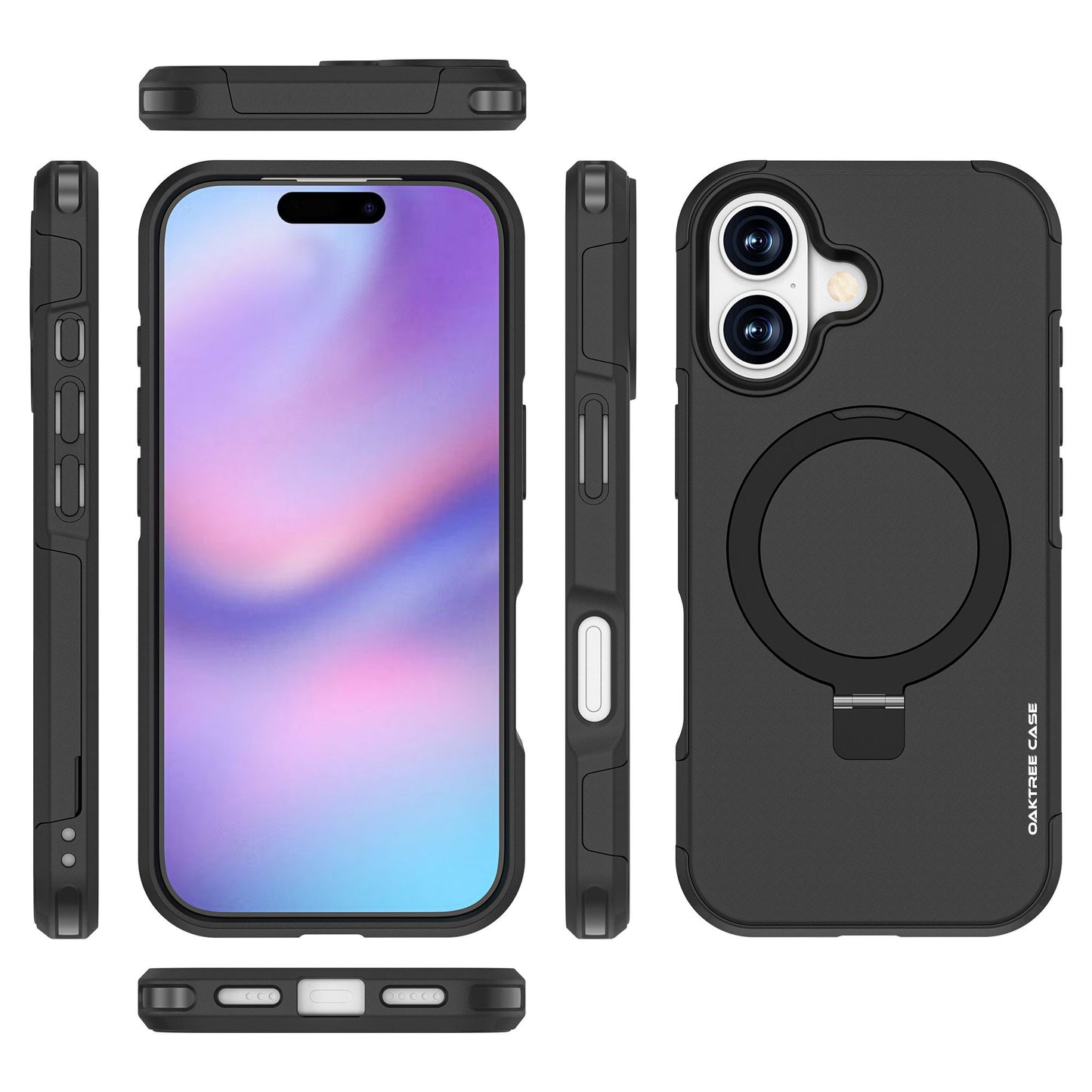 OAKTREE iPhone 17 MagSafe Kickstand Ring Case Shockproof Drop-Proof Rugged Case - Black
