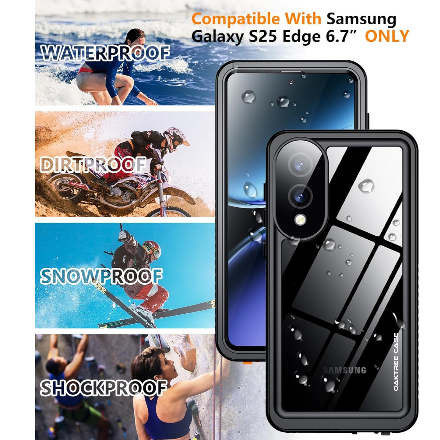 OAKTREE Samsung Galaxy S25 Edge 6.7 inch Shockproof Waterproof Full-Body Rugged Case - Black/Clear