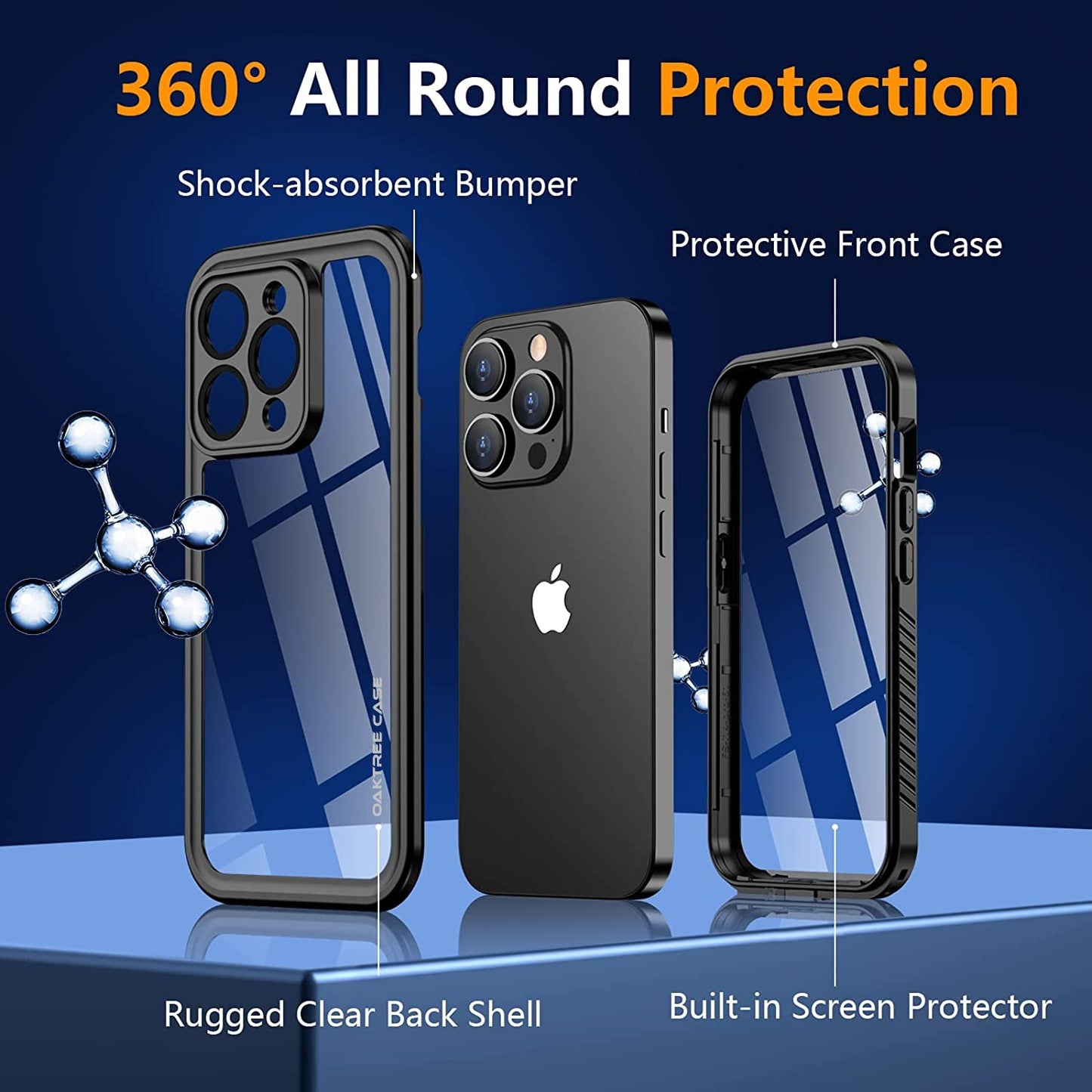 OAKTREE iPhone 15 Pro Max 6.7" Shockproof Waterproof Full-Body Rugged Case - Black / Clear