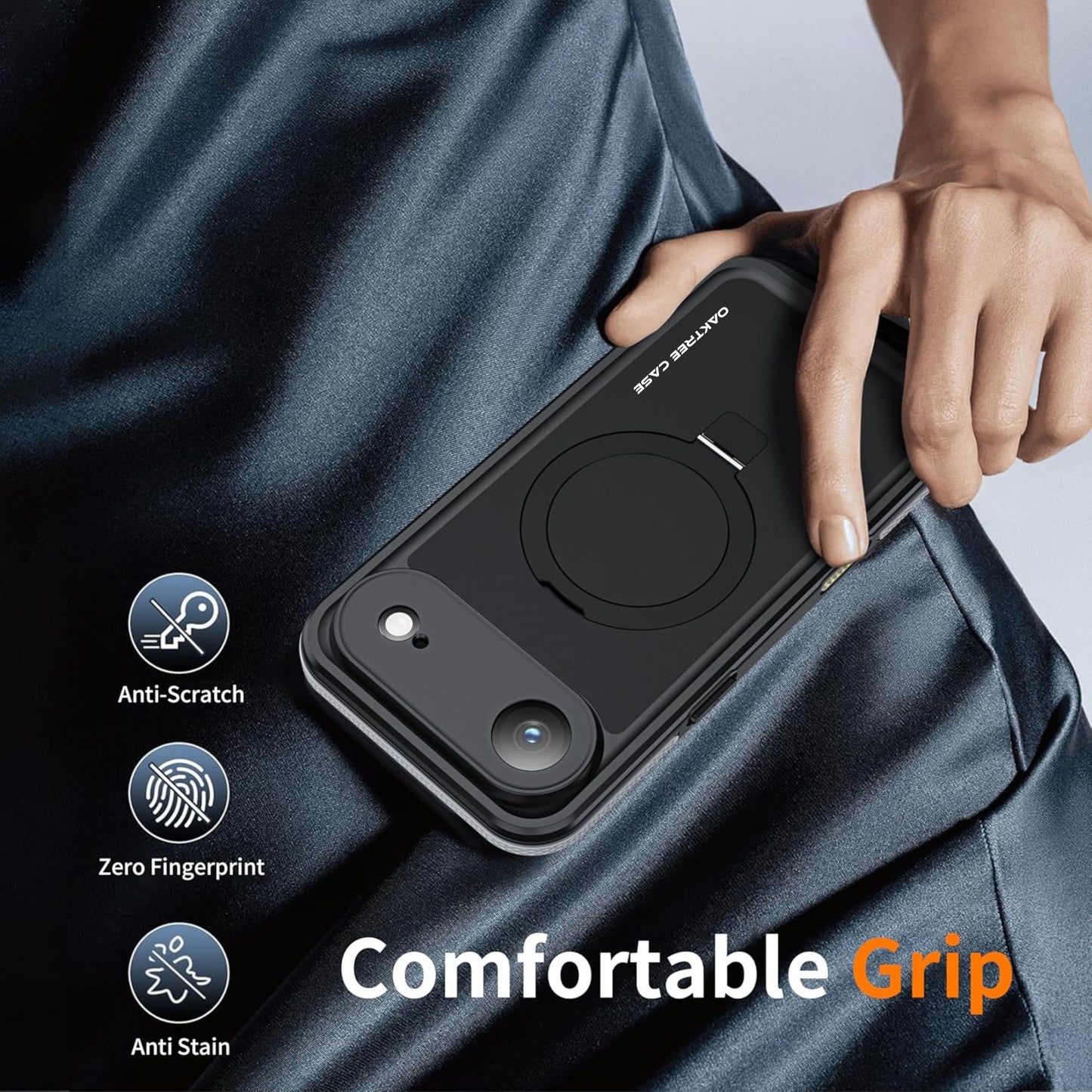 OAKTREE Waterproof MagSafe Case for iPhone 17 Air — 360° Full Protection with Kickstand Ring -Black