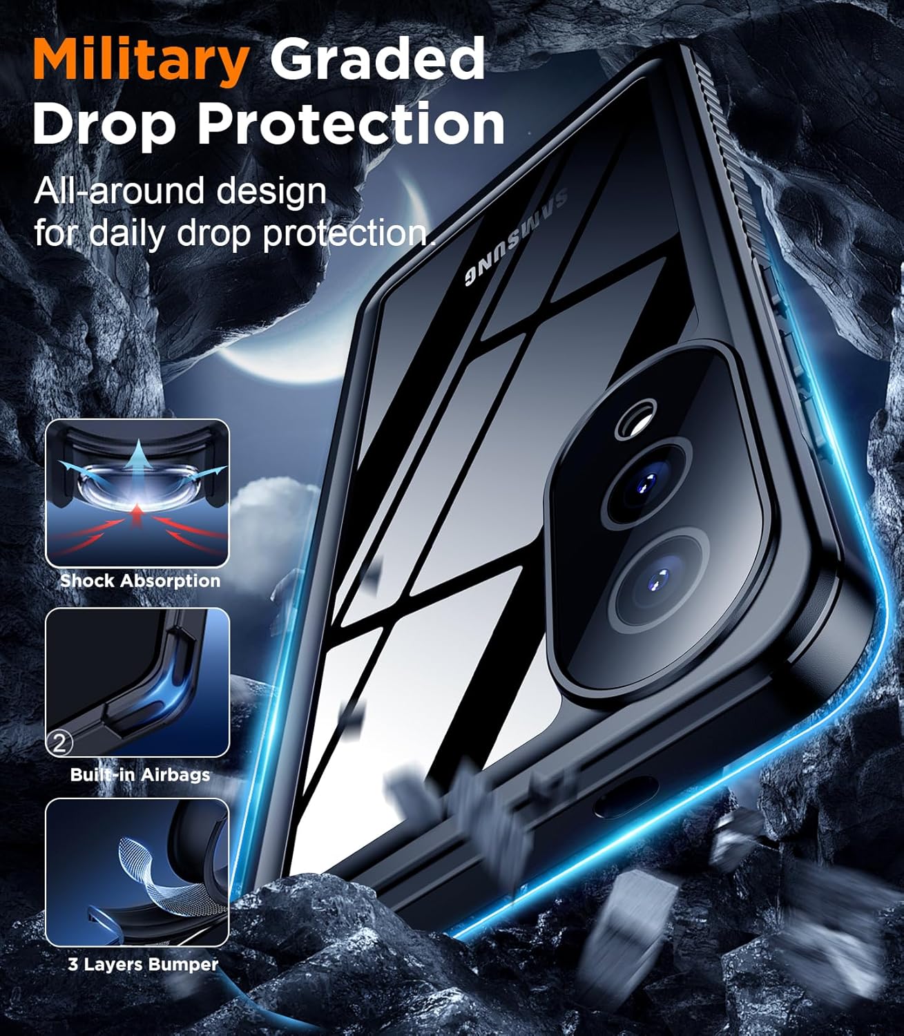 OAKTREE Samsung Galaxy S25 Edge 6.7 inch Shockproof Waterproof Full-Body Rugged Case - Black/Clear