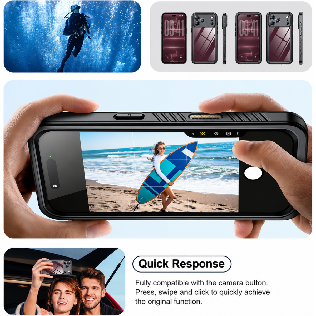 OAKTREE iPhone 18 Pro Waterproof Case - Full-Body 360° Shockproof with HD Screen Protector - Black / Clear