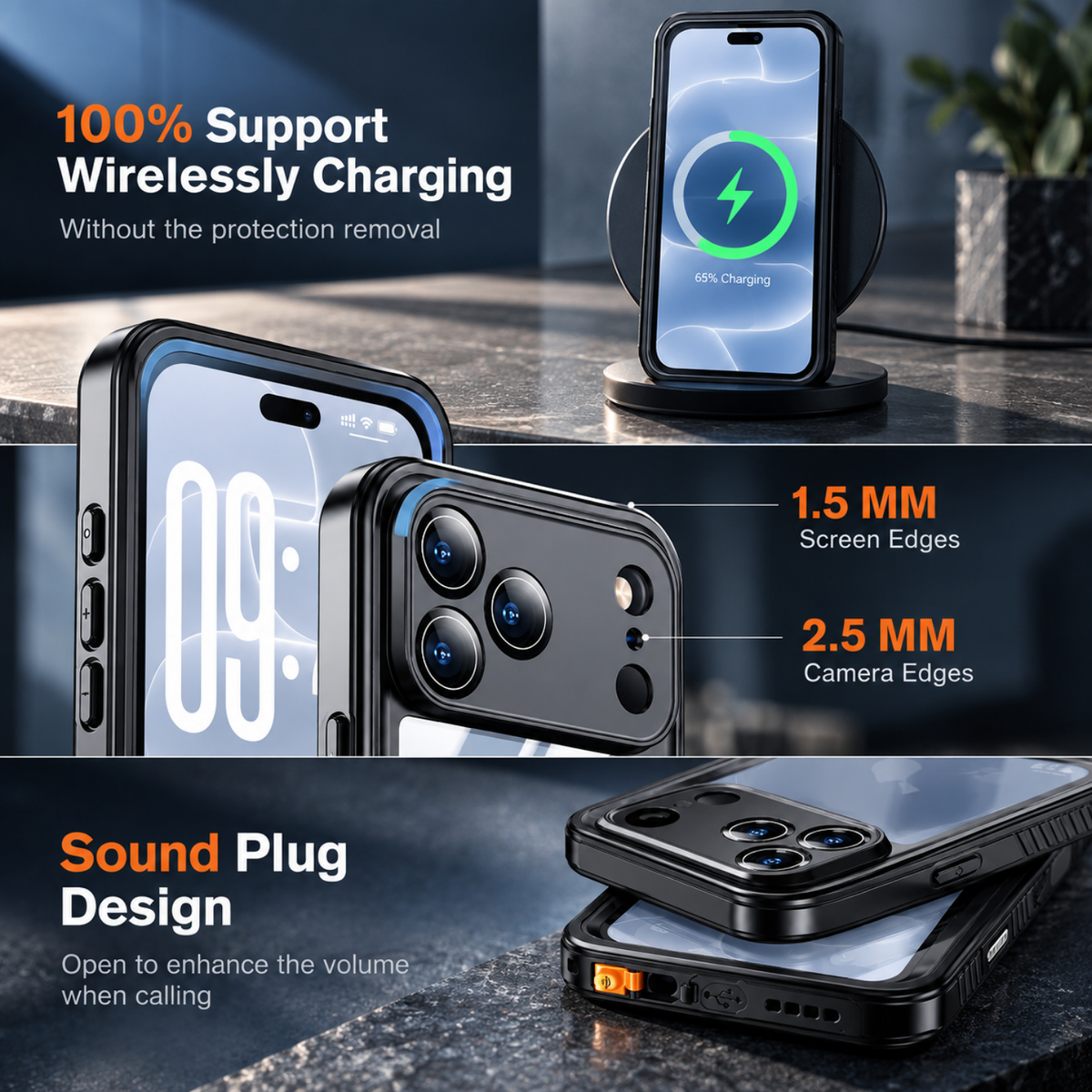 OAKTREE iPhone 18 Pro Max Waterproof Case - Full-Body 360° Shockproof with HD Screen Protector - Black / Clear