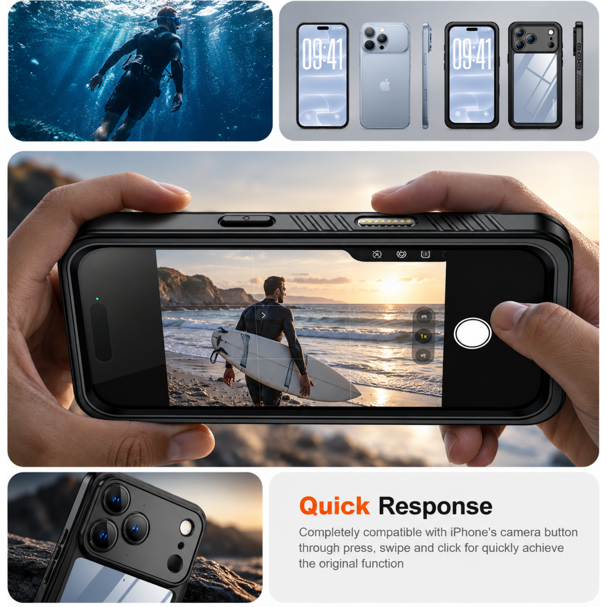 OAKTREE iPhone 18 Pro Max Waterproof Case - Full-Body 360° Shockproof with HD Screen Protector - Black / Clear