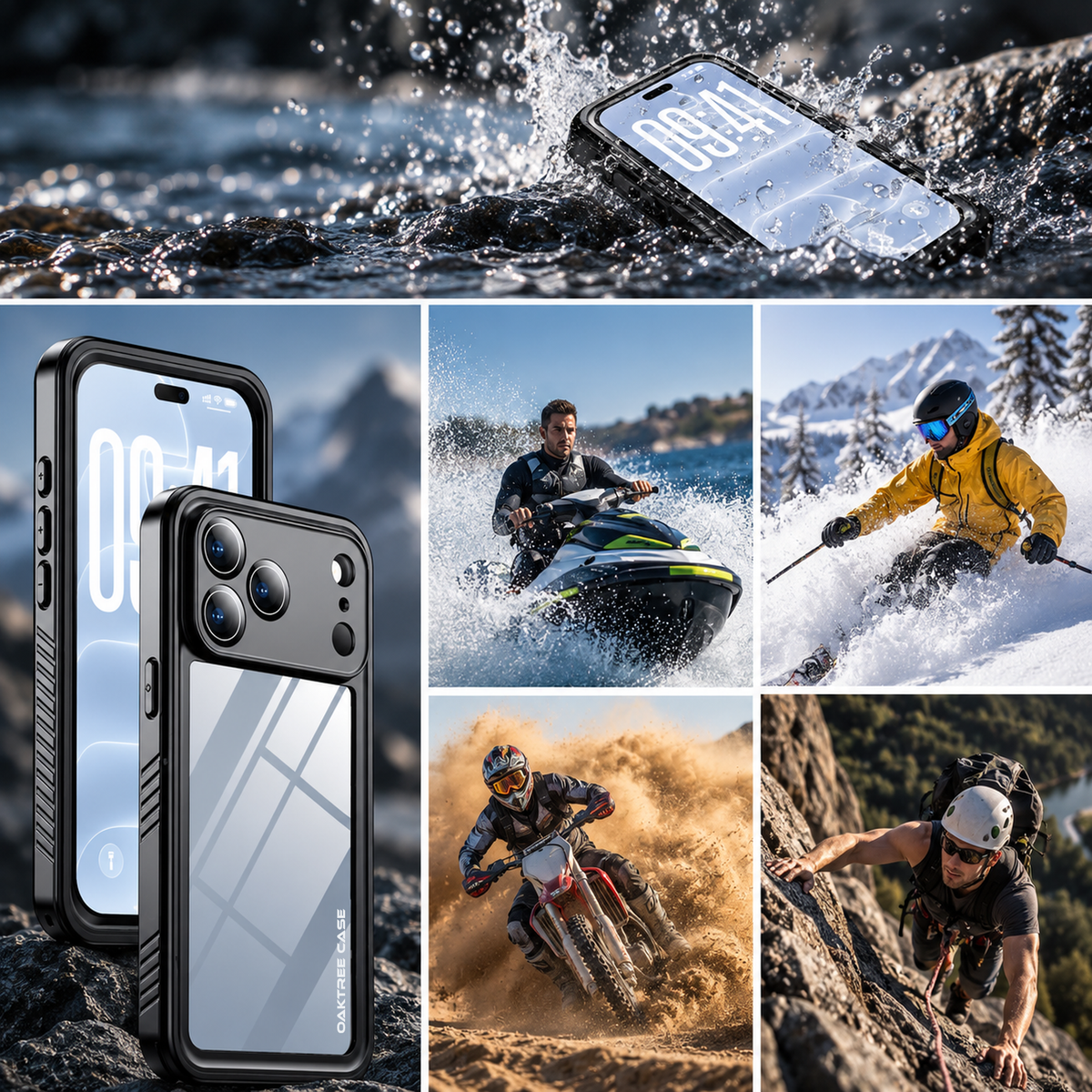 OAKTREE iPhone 18 Pro Max Waterproof Case - Full-Body 360° Shockproof with HD Screen Protector - Black / Clear