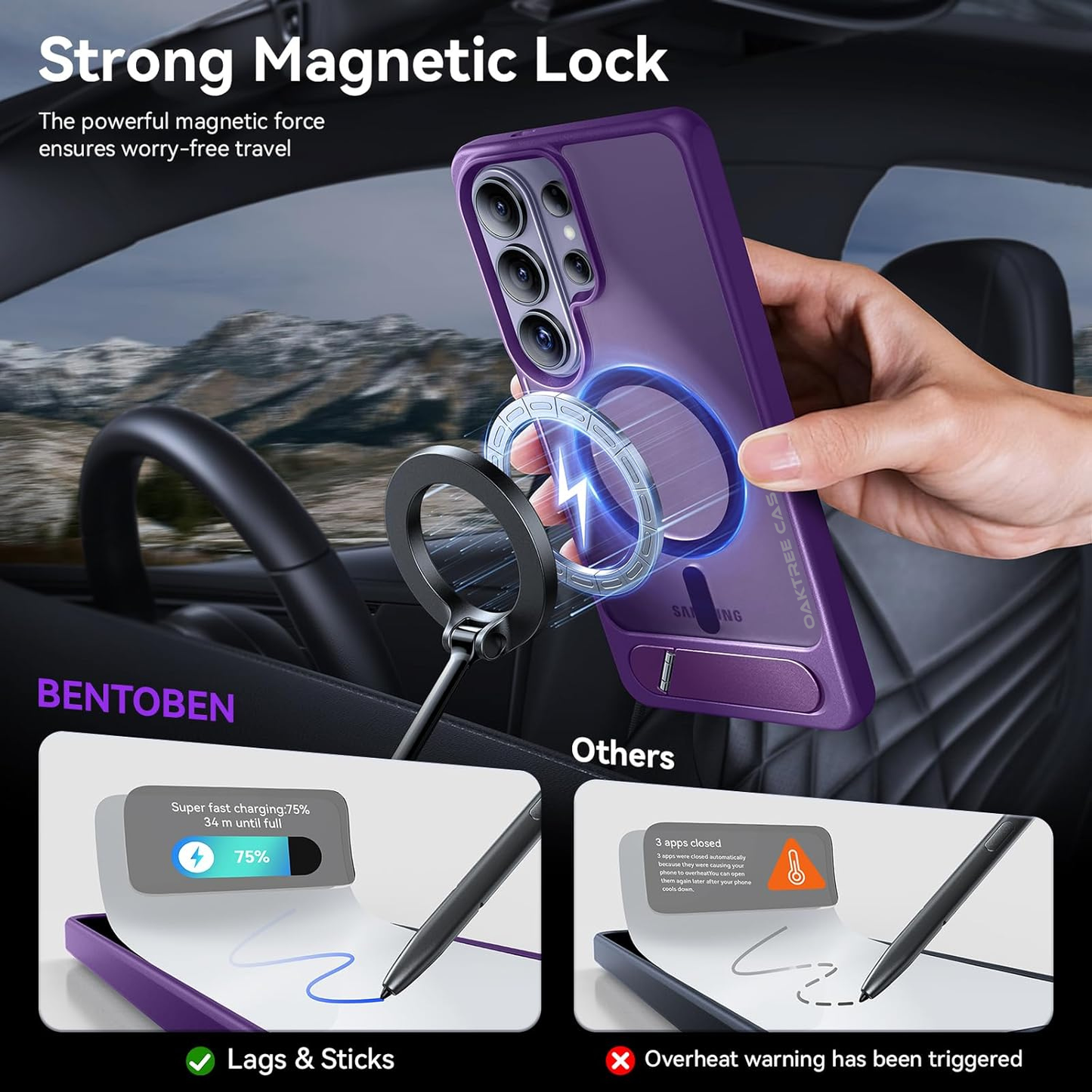 OAKTREE Magnetic Case for Samsung S26 Ultra – MagSafe, Kickstand, Drop-Proof & Sleek Purple Matte Finish