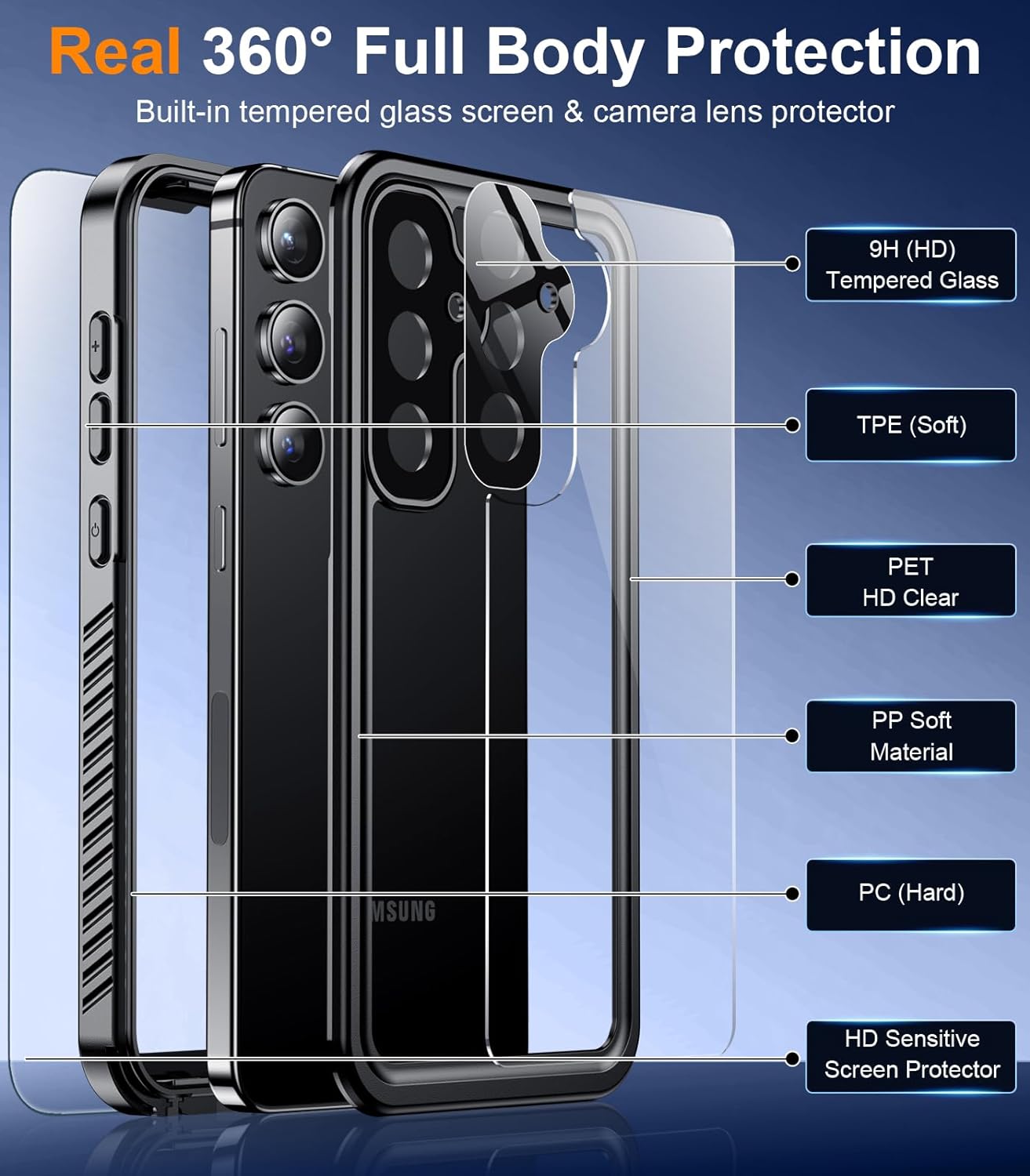 OAKTREE Samsung Galaxy S24 6.1 inch Shockproof Waterproof Rugged Case - Black/Clear