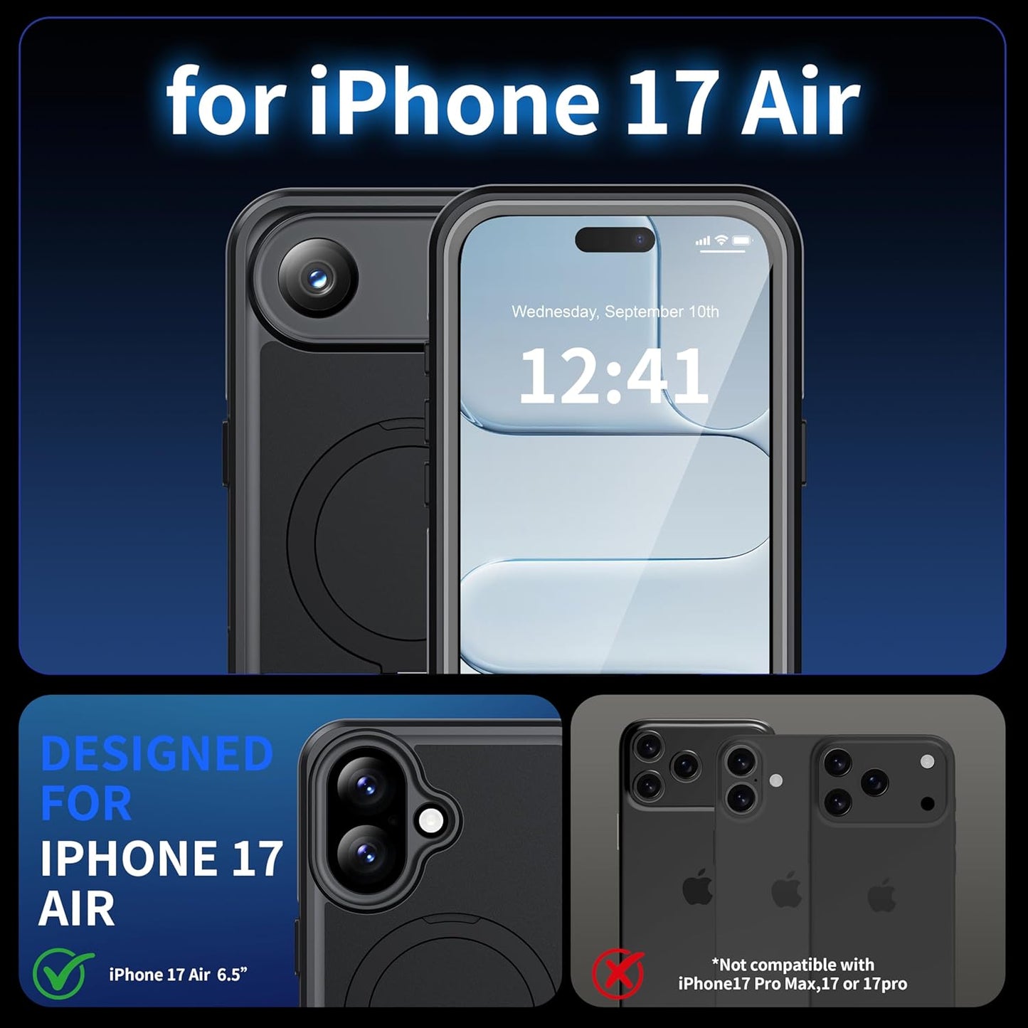 OAKTREE Waterproof MagSafe Case for iPhone 17 Air — 360° Full Protection with Kickstand Ring -Black