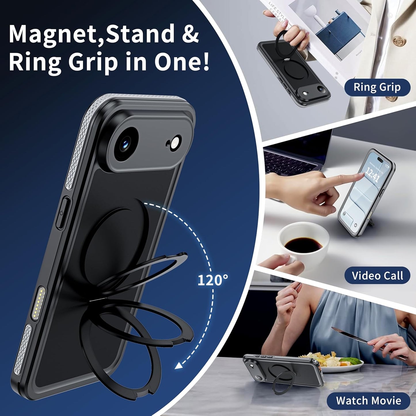 OAKTREE Waterproof MagSafe Case for iPhone 17 Air — 360° Full Protection with Kickstand Ring -Black