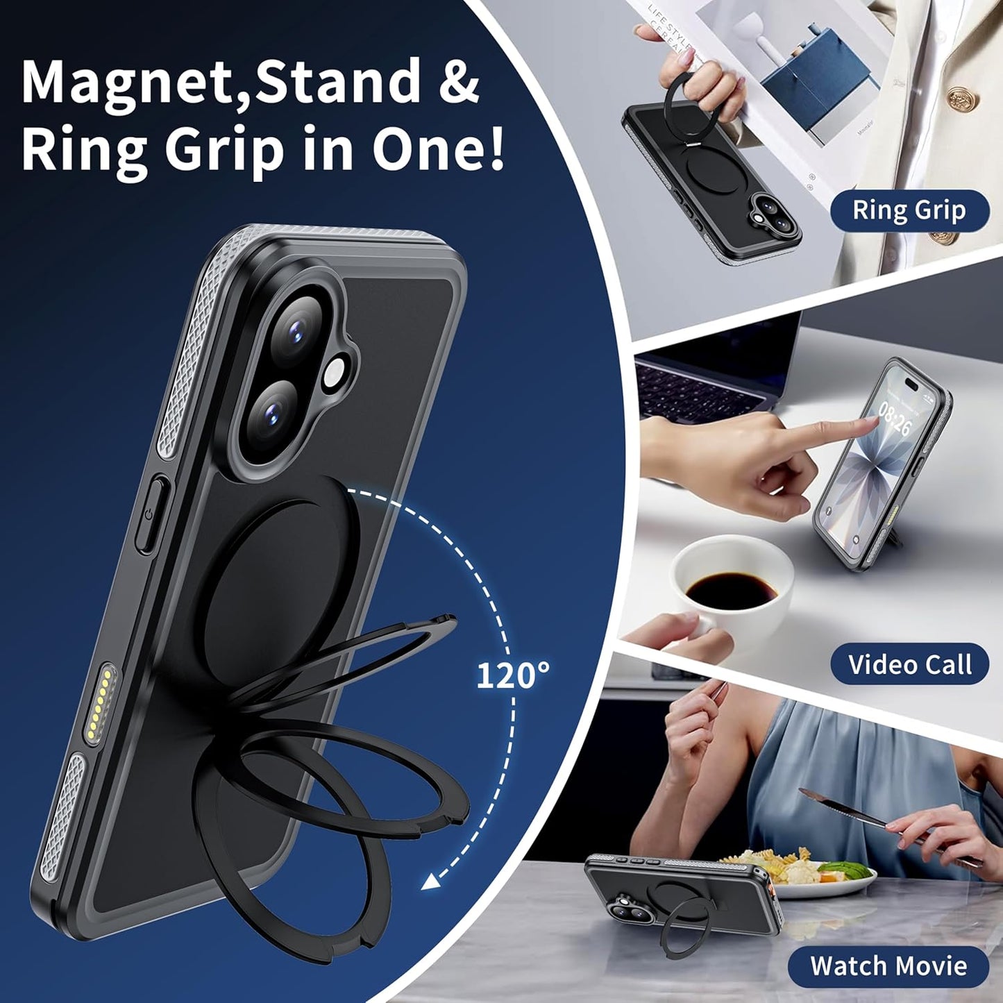 OAKTREE Waterproof MagSafe Case for iPhone 17 (6.3”) — 360° Full Protection with Kickstand Ring