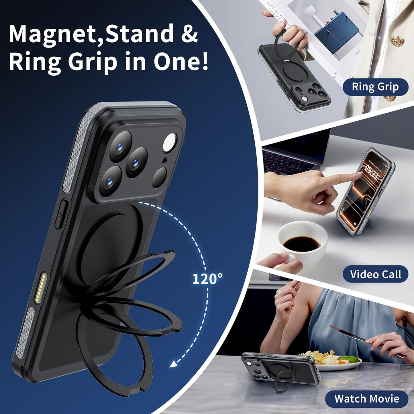 OAKTREE iPhone 17 Pro Max Waterproof MagSafe Case with Kickstand Ring - 360° Full Protection- Black