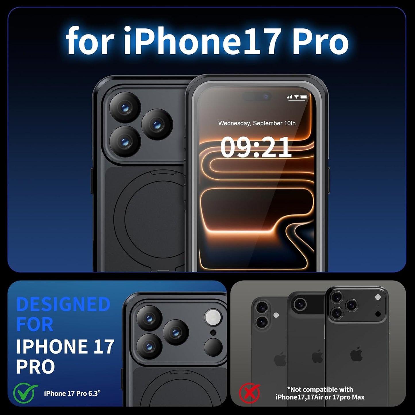 OAKTREE iPhone 17 Pro Waterproof MagSafe Case with Kickstand Ring - 360° Full Protection- Black