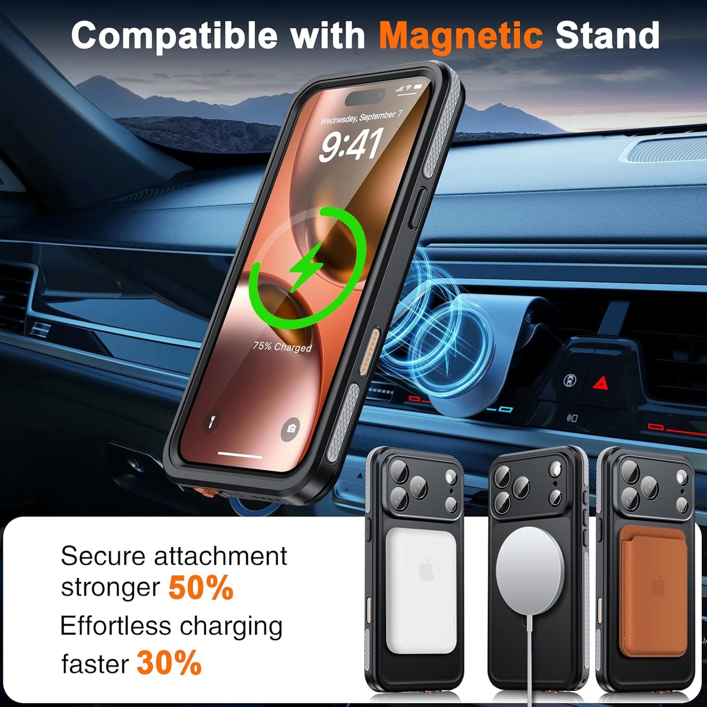 OAKTREE iPhone 17 Pro Max Waterproof MagSafe Case with Kickstand Ring - 360° Full Protection- Black