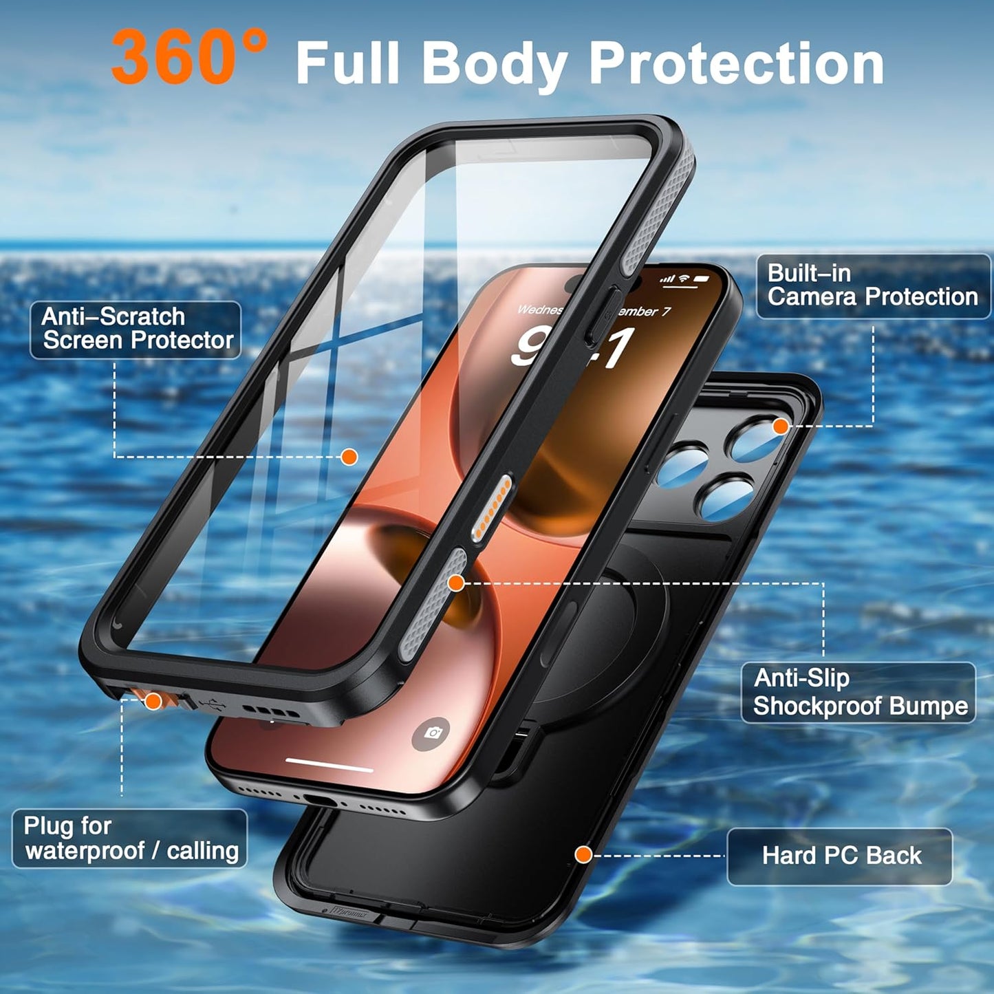 OAKTREE iPhone 17 Pro Max Waterproof MagSafe Case with Kickstand Ring - 360° Full Protection- Black