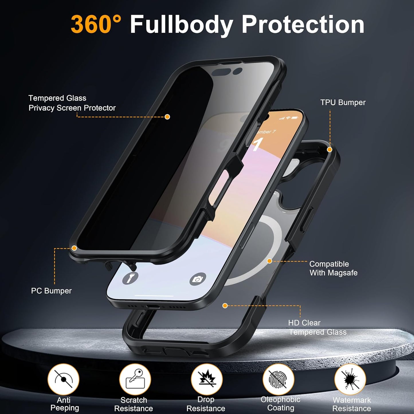 OAKTREE Full-Body Case with Built-in Privacy Screen Protector for iPhone 16 Pro (6.3")