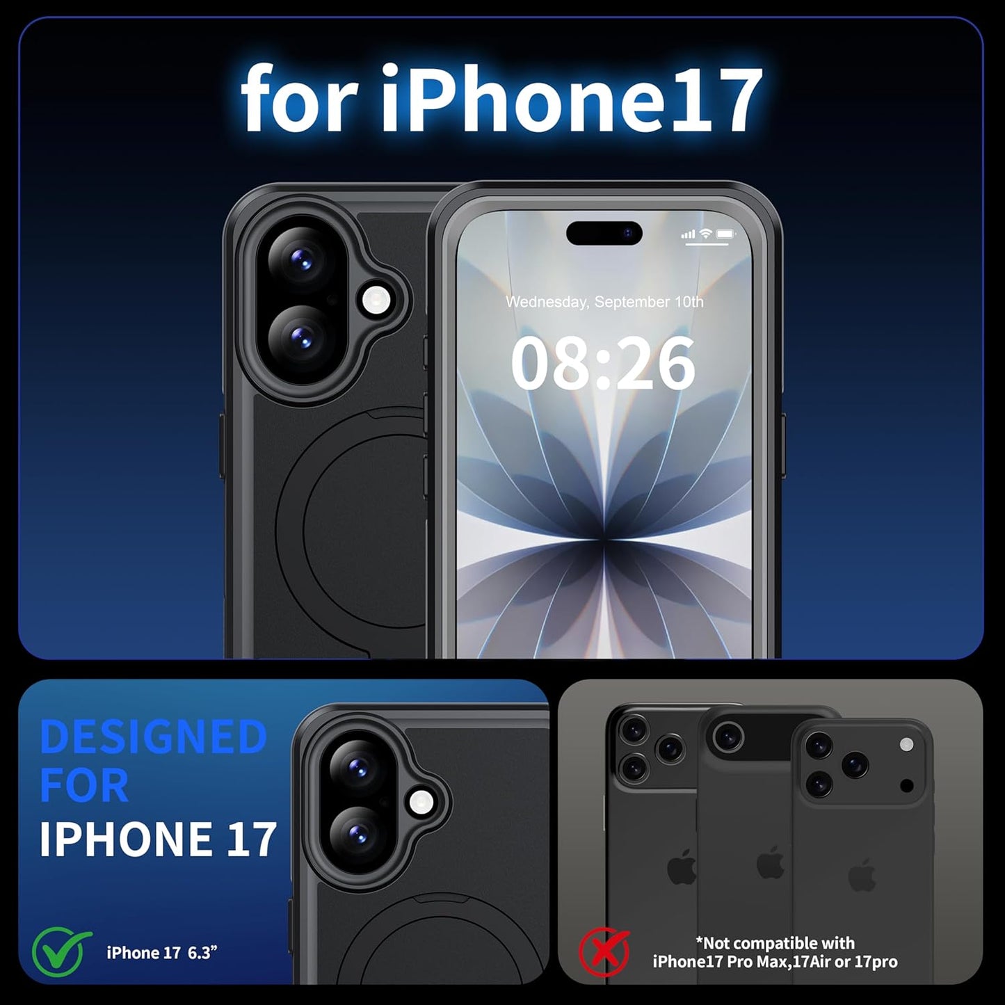 OAKTREE Waterproof MagSafe Case for iPhone 17 (6.3”) — 360° Full Protection with Kickstand Ring