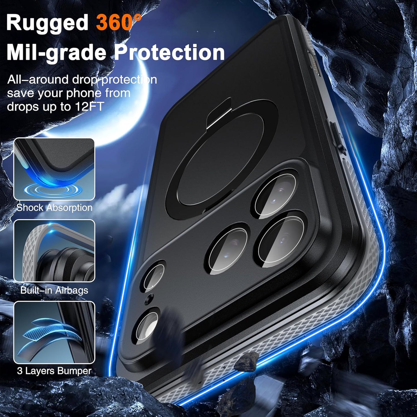 OAKTREE iPhone 17 Pro Max Waterproof MagSafe Case with Kickstand Ring - 360° Full Protection- Black