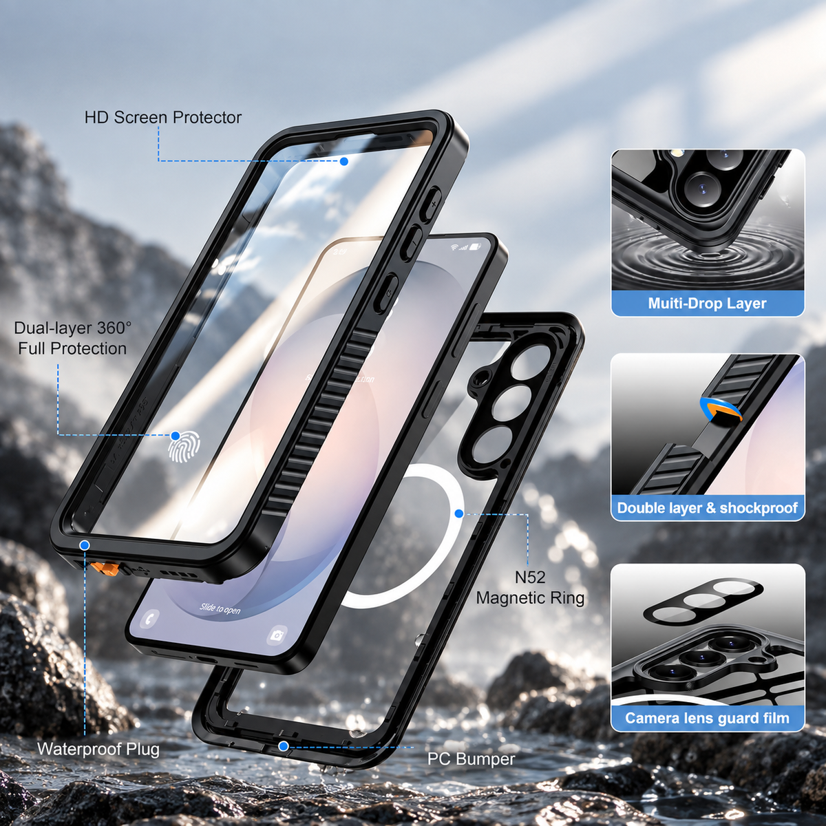OAKTREE Samsung Galaxy S26 FE Shockproof Waterproof Full-Body Rugged Case - Black/Clear