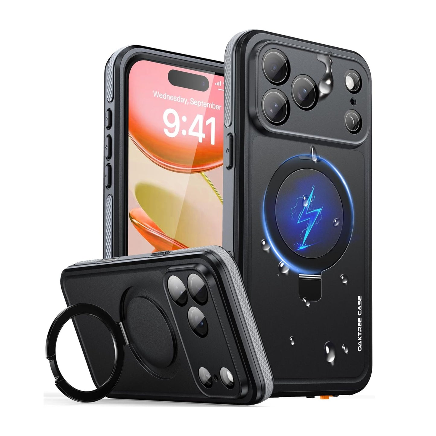 OAKTREE iPhone 17 Pro Waterproof MagSafe Case with Kickstand Ring - 360° Full Protection- Black