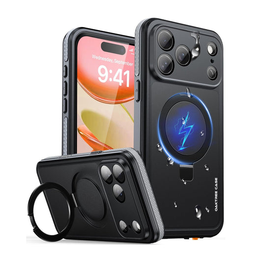 OAKTREE iPhone 17 Pro Waterproof MagSafe Case with Kickstand Ring - 360° Full Protection- Black