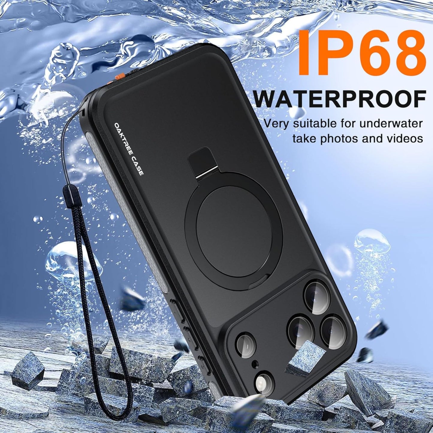 OAKTREE iPhone 17 Pro Max Waterproof MagSafe Case with Kickstand Ring - 360° Full Protection- Black