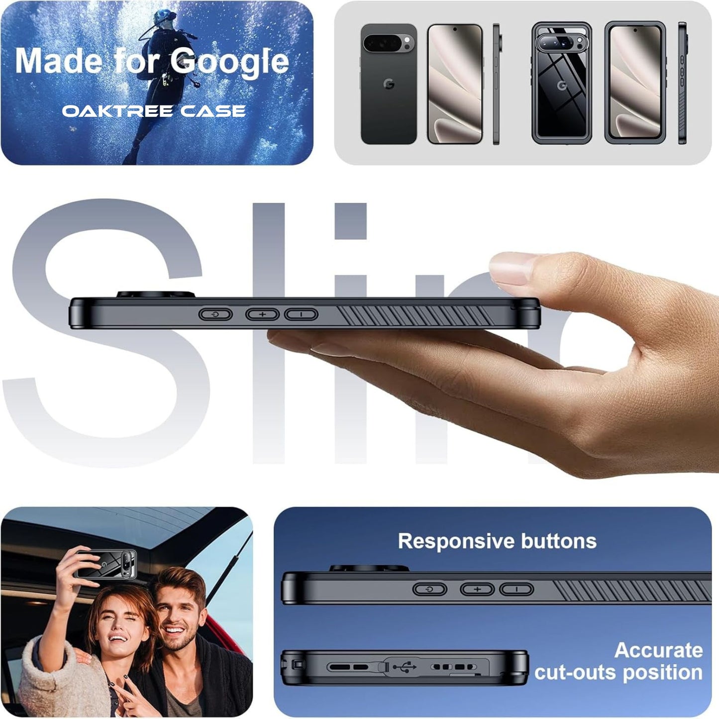 OAKTREE Google Pixel 10 Pro 6.3" Waterproof Drop-Proof Full-Body Case with Built-in Screen- Black