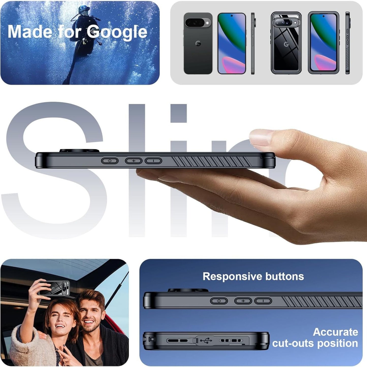 OAKTREE Google Pixel 10 Drop-Proof Waterproof Full-Body Case with Built-in Screen - Black