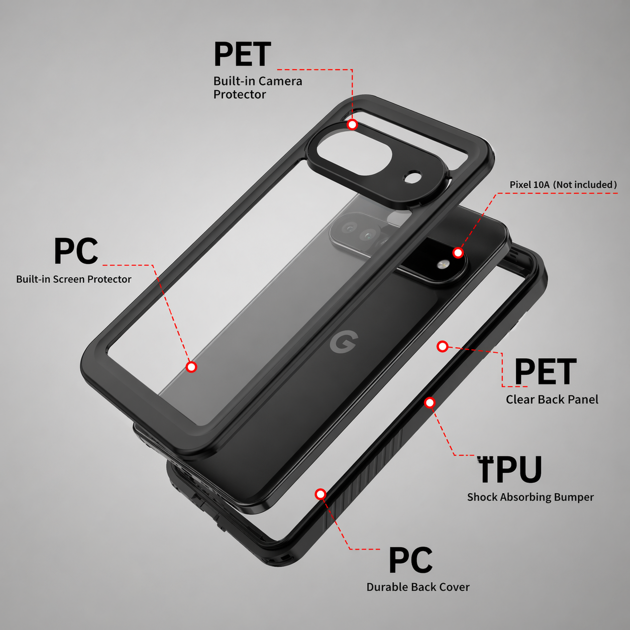 OAKTREE Google Pixel 10A Waterproof Drop-Proof Full-Body Rugged Case - Black/Clear