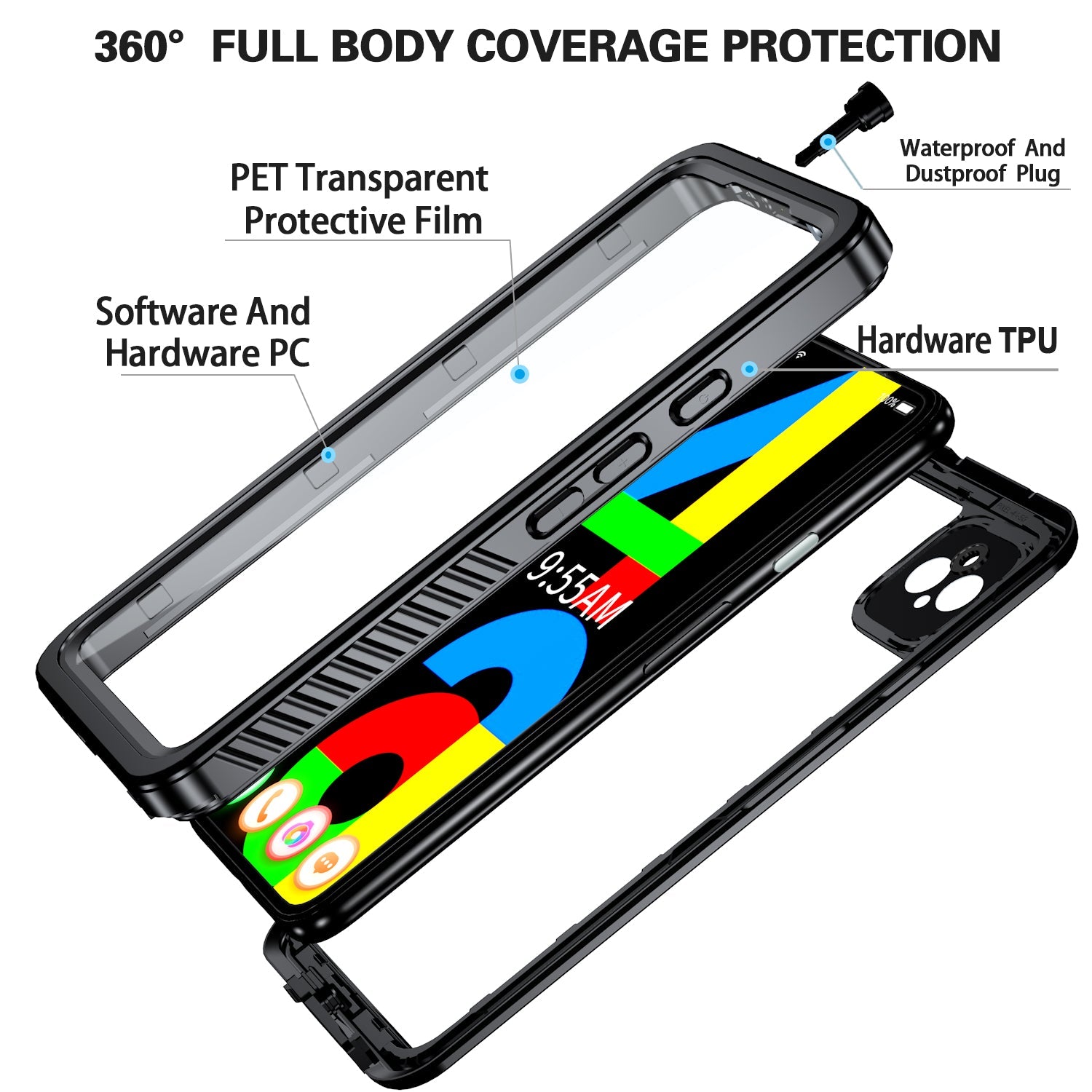 Oaktree Google Pixel 4a 5G Waterproof Shockproof Full-Body Rugged Case - Black / Clear - OAKTREE CASE