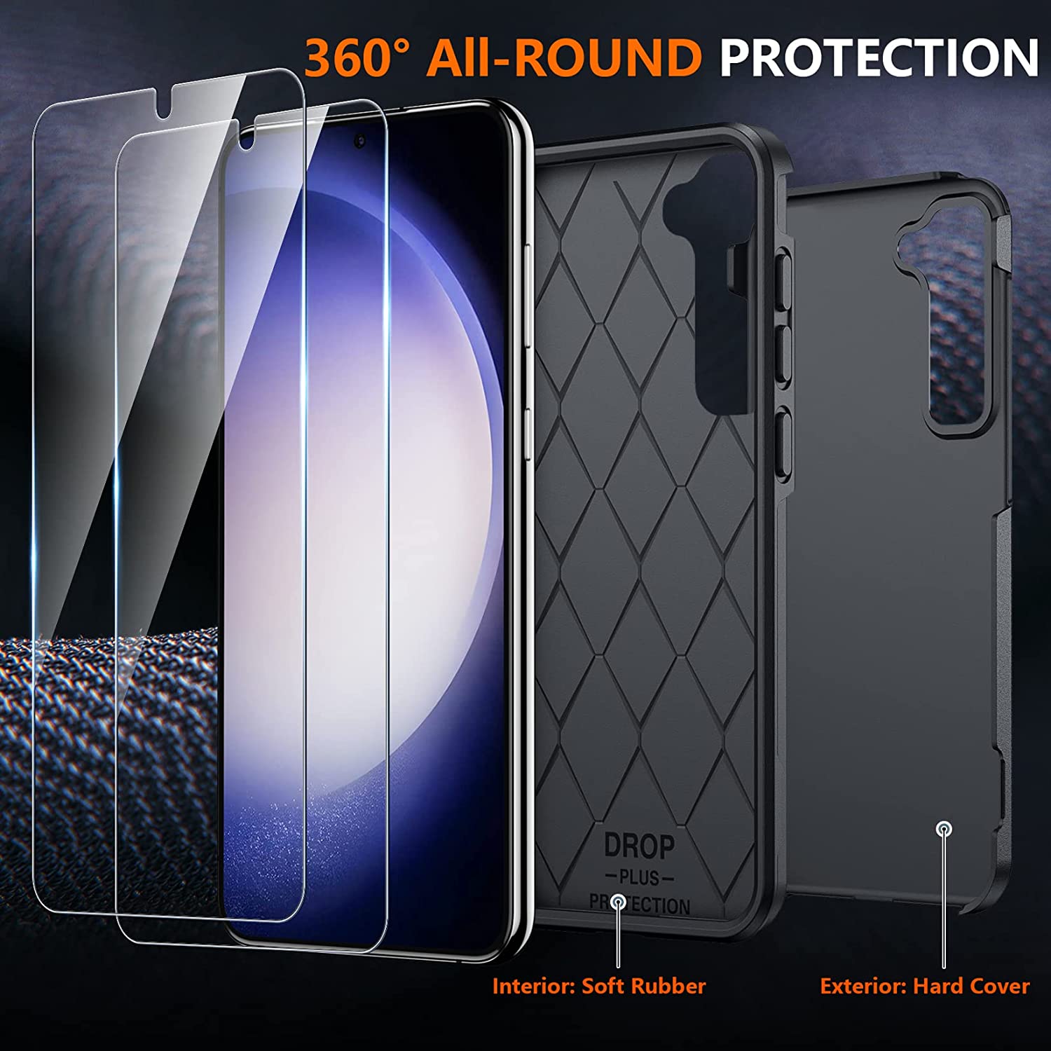 Oaktree Samsung Galaxy S24+ Plus Tough Rugged Full-Body Protection Case with Glass Screen Protector + Camera Lens Protector - OAKTREE CASE