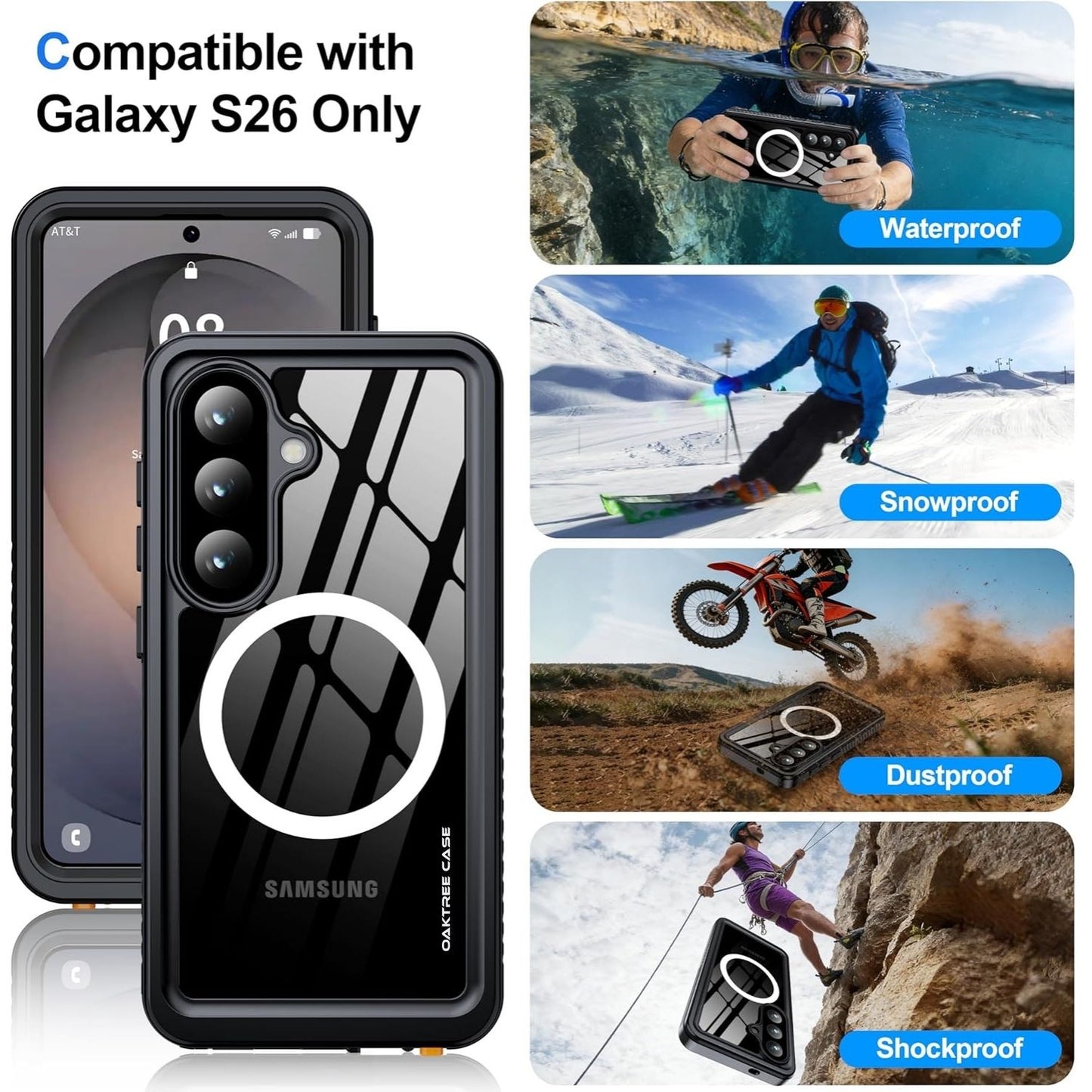 OAKTREE Samsung Galaxy S26 6.3" Waterproof Full-Body Magsafe Fast Charging Case - Black/Clear