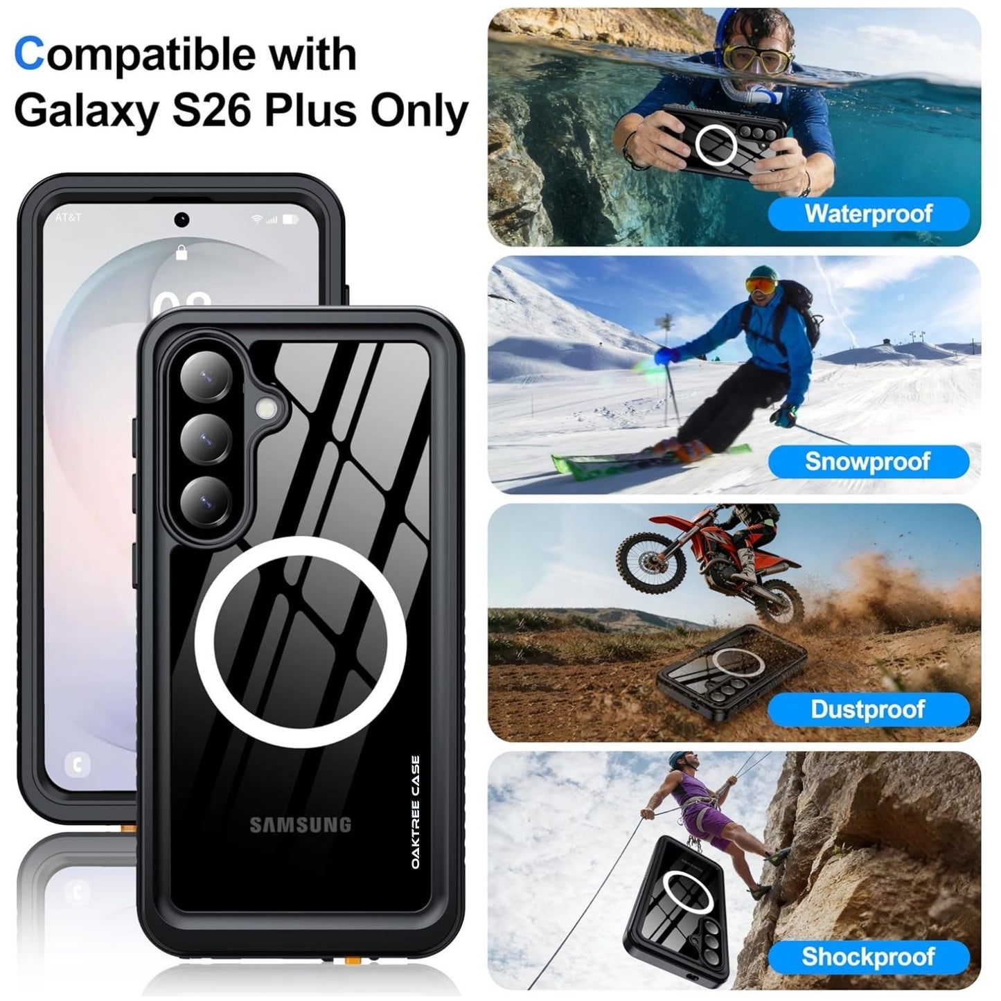 OAKTREE Samsung Galaxy S26 Plus 6.7" Waterproof Full-Body Fast Charging Case - Black/Clear