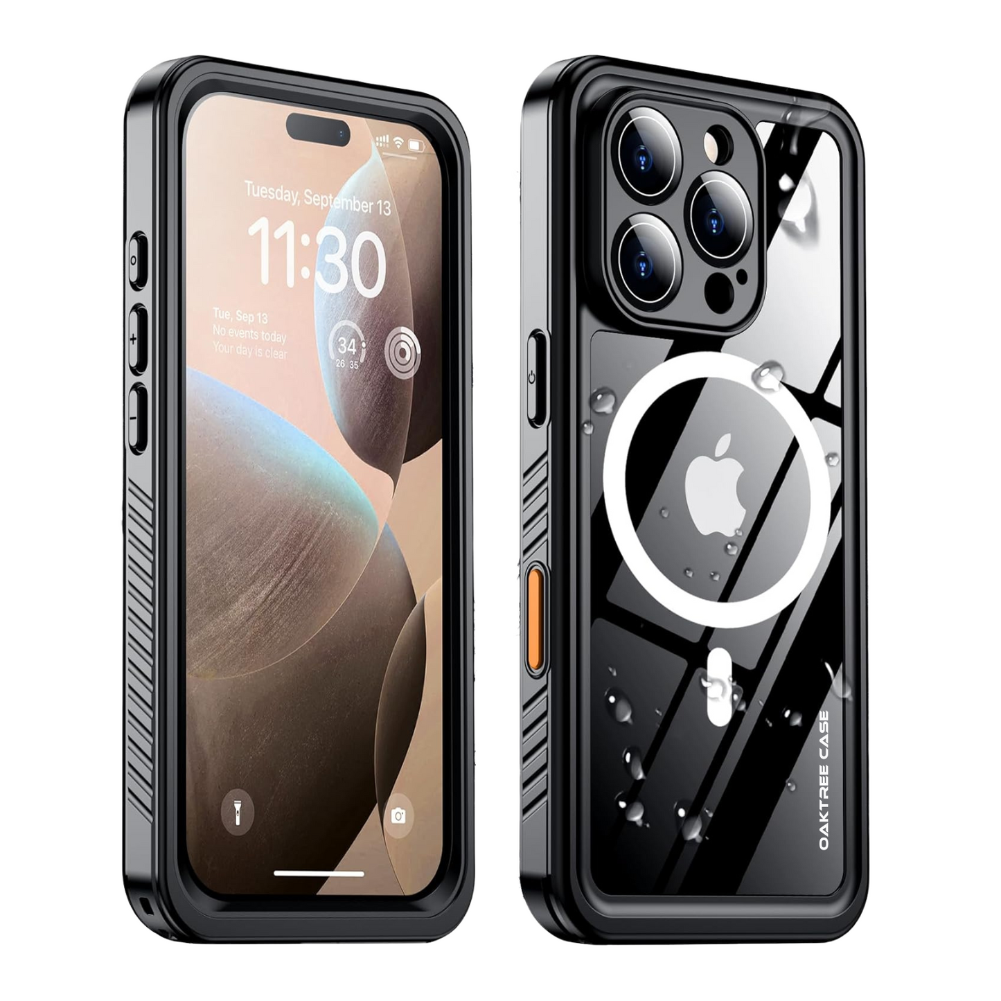 OAKTREE iPhone 16 Pro 6.3" Waterproof Shockproof Full-Body Rugged MagSafe Case - Black/Clear
