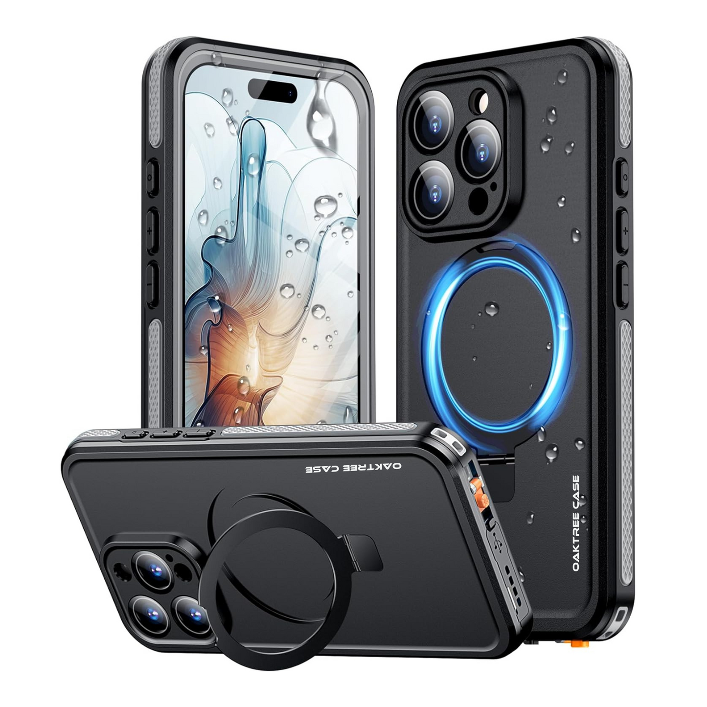 OAKTREE iPhone 16 Pro Max 6.9" Waterproof Full-Body MagSafe Kickstand Case - Black