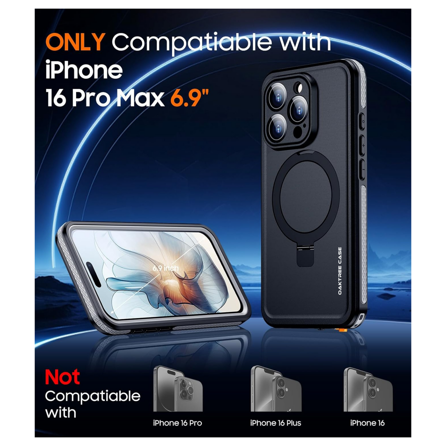 OAKTREE iPhone 16 Pro Max 6.9" Waterproof Full-Body MagSafe Kickstand Case - Black