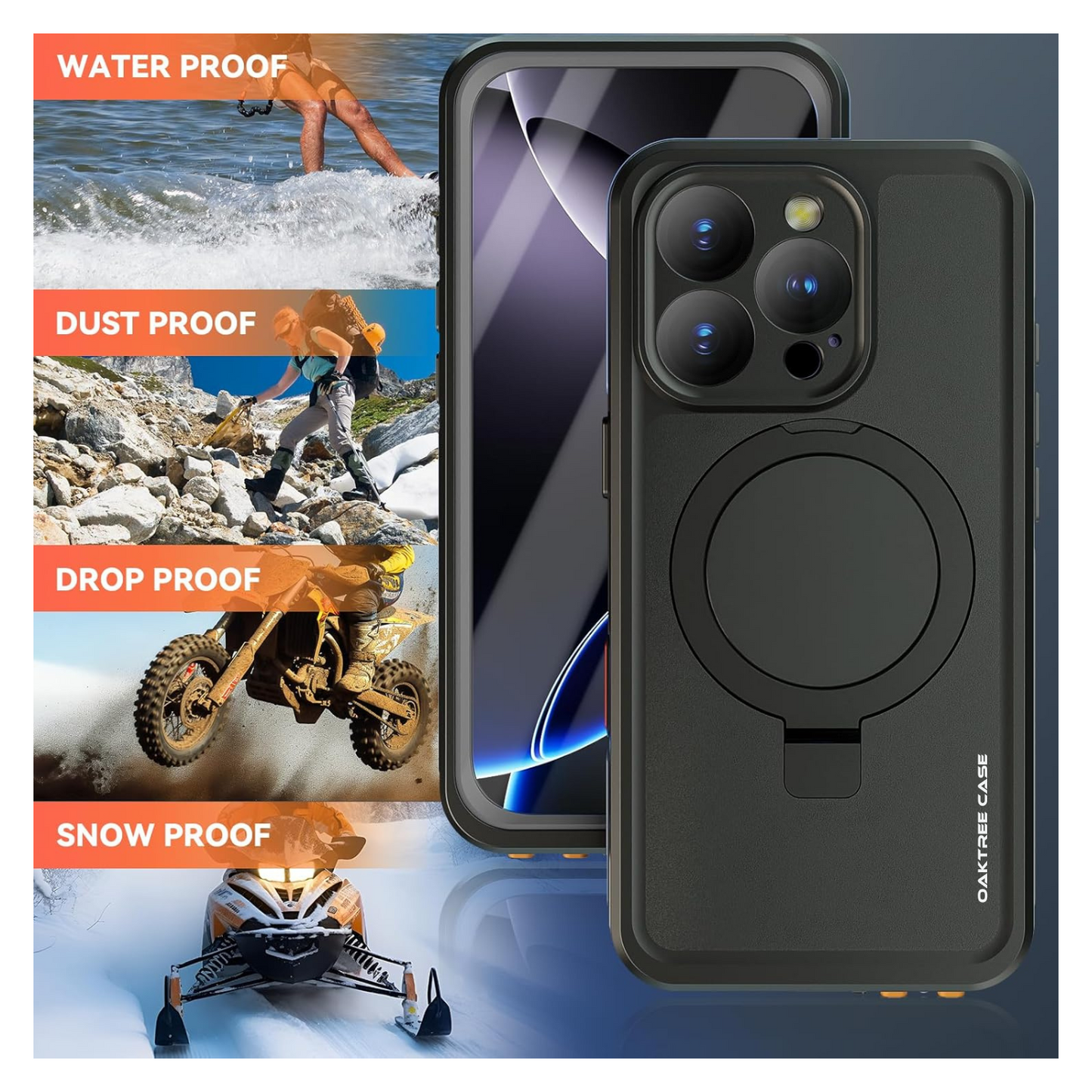 OAKTREE iPhone 16 Pro Max 6.9" Waterproof Full-Body MagSafe Kickstand Case - Black