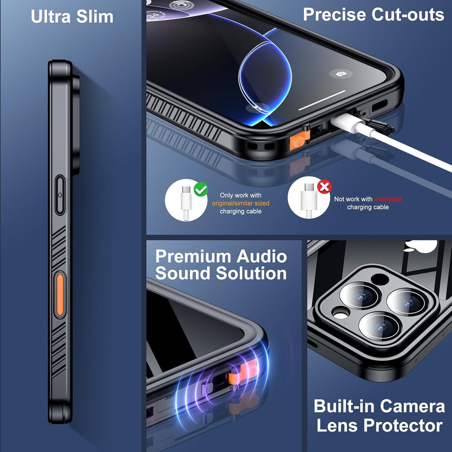 OAKTREE iPhone 16 Pro Max 6.9" Shockproof Waterproof Full-Body Rugged Case - Black / Clear