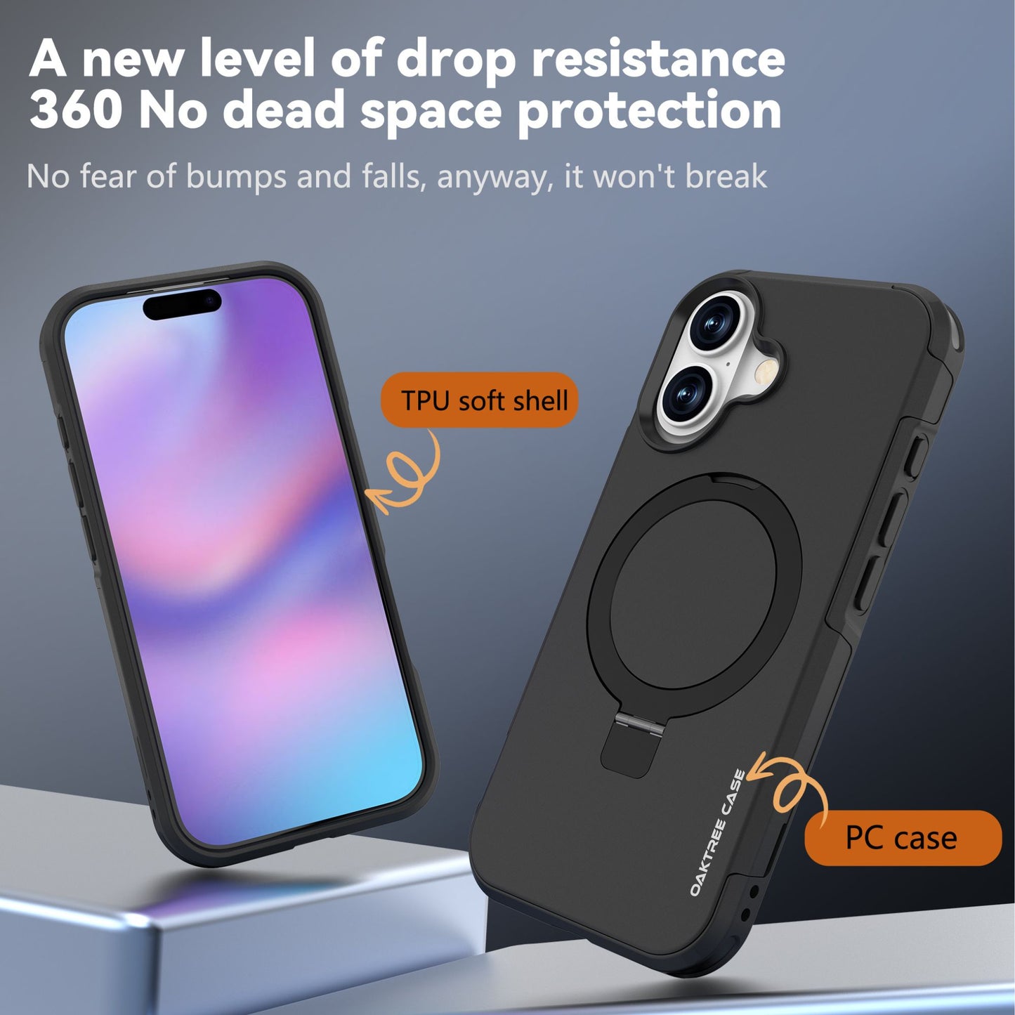 OAKTREE iPhone 17 MagSafe Kickstand Ring Case Shockproof Drop-Proof Rugged Case - Black