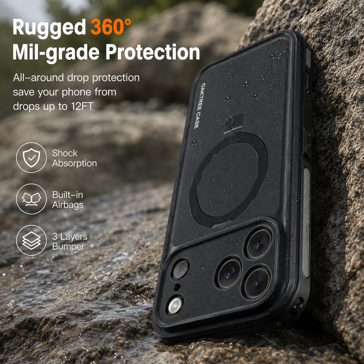 OAKTREE iPhone 18 Pro Waterproof MagSafe Case with Kickstand Ring - 360° Full Protection- Black