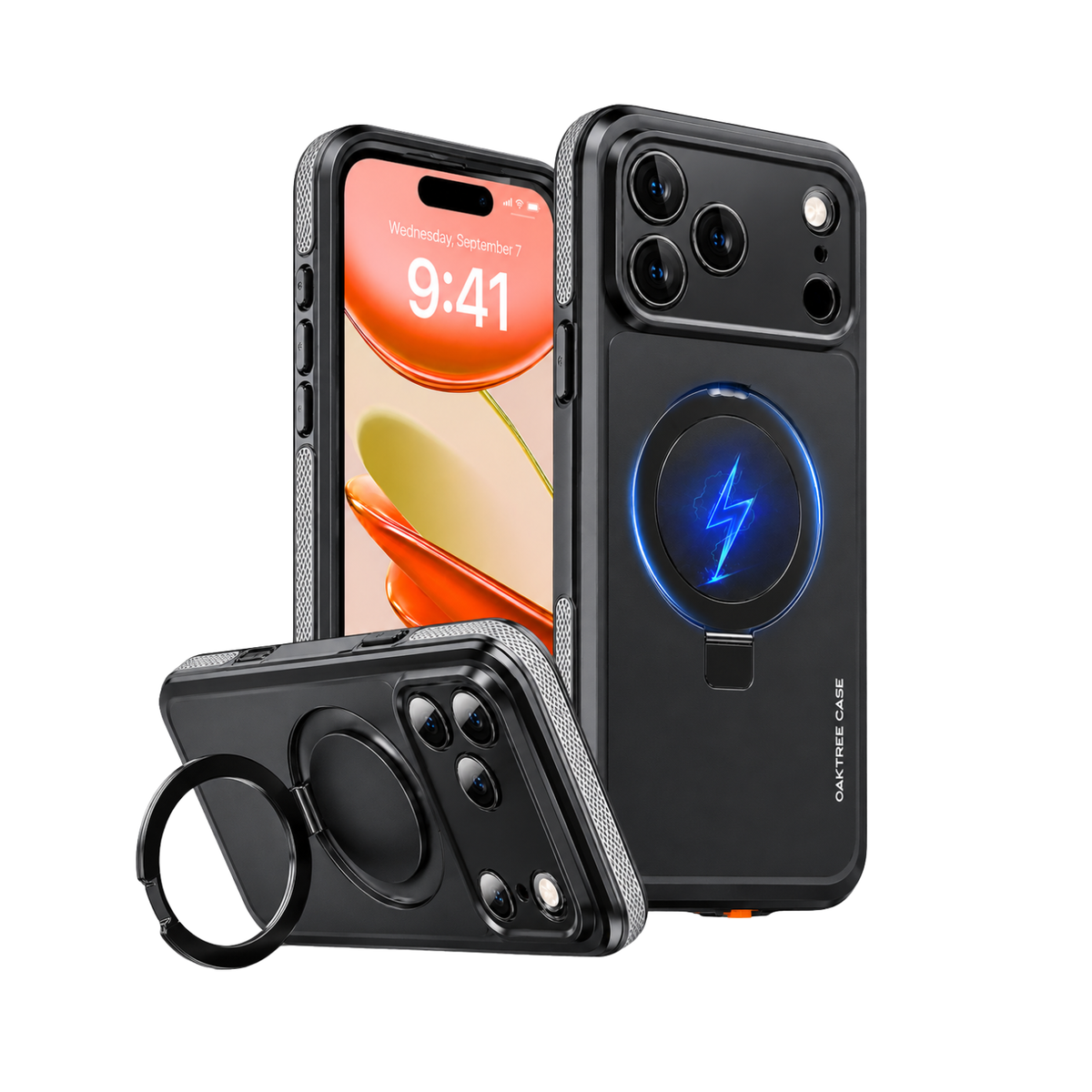 OAKTREE iPhone 18 Pro Waterproof MagSafe Case with Kickstand Ring - 360° Full Protection- Black