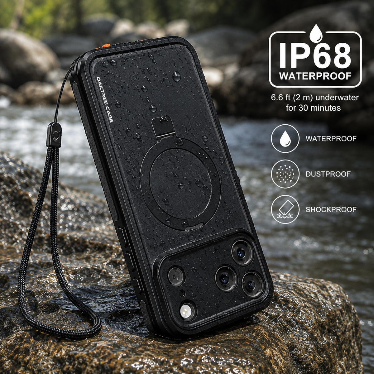OAKTREE iPhone 18 Pro Waterproof MagSafe Case with Kickstand Ring - 360° Full Protection- Black
