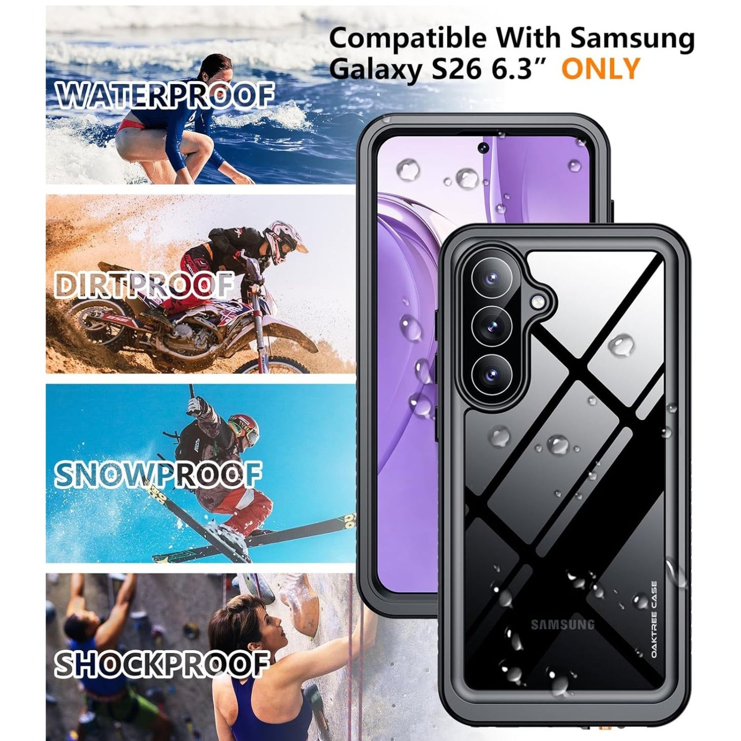 OAKTREE Samsung Galaxy S26 6.3" Waterproof Full-Body Rugged Case - Black/ Clear