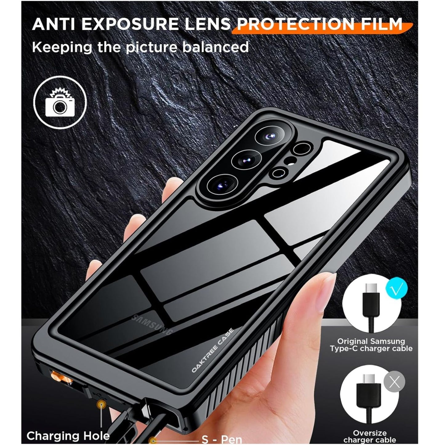 OAKTREE Samsung Galaxy S26 Ultra 6.9" Waterproof Full-Body Case - Black/Clear