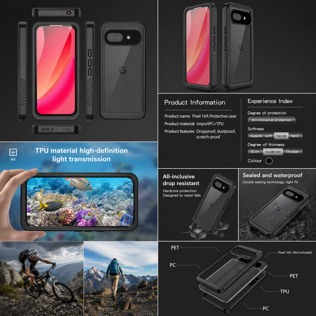 OAKTREE Google Pixel 10A Waterproof Drop-Proof Full-Body Rugged Case - Black/Clear