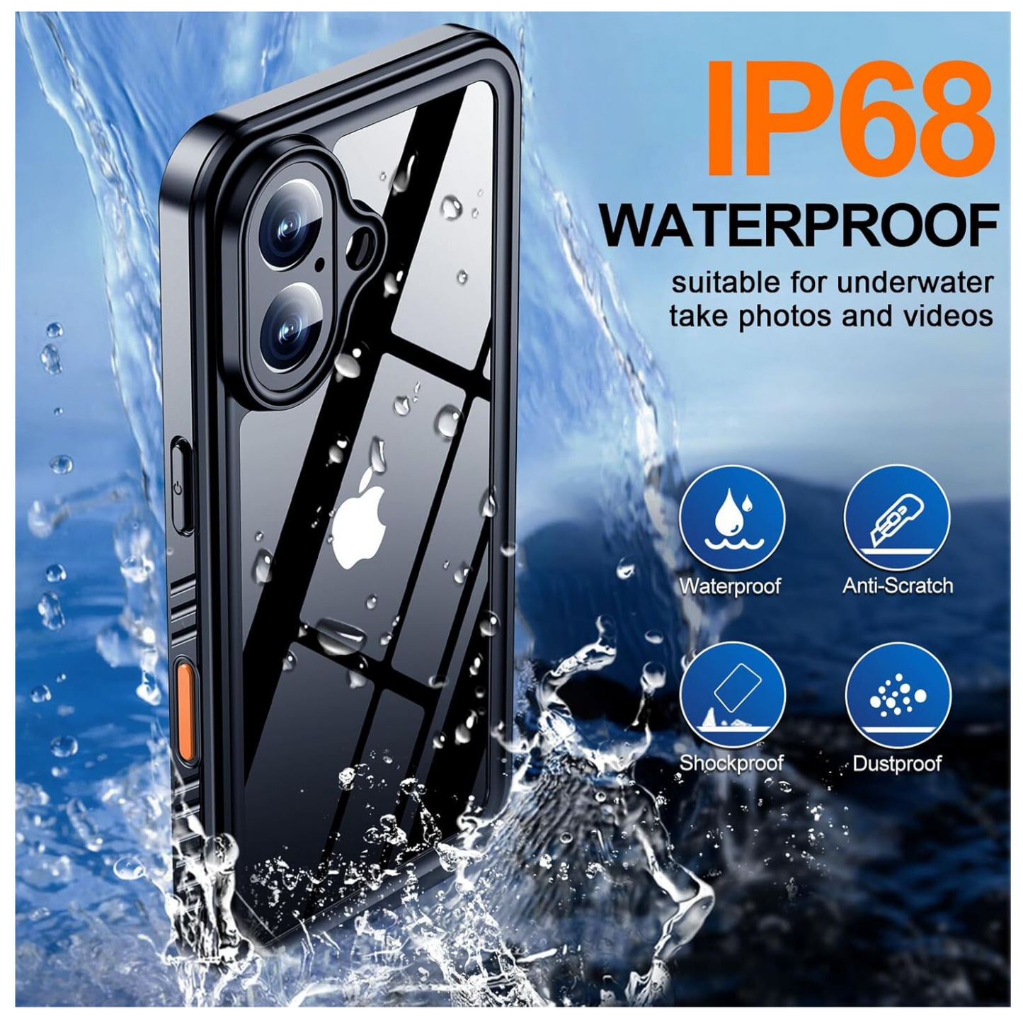 OAKTREE iPhone 16 Plus 6.7" Shockproof Waterproof Full-Body Rugged Case - Black/Clear